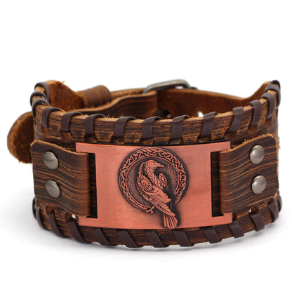 Retro Nordic Viking Totem Bracelet Cowhide Bracelet