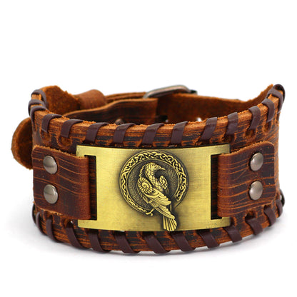 Retro Nordic Viking Totem Bracelet Cowhide Bracelet