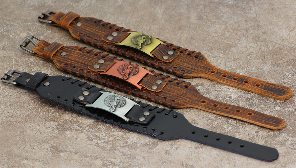 Retro Nordic Viking Totem Bracelet Cowhide Bracelet