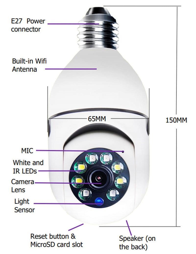 Cámara de seguridad tipo bombilla 1080P 4X Zoom 2.4Ghz WiFi