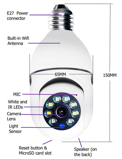Cámara de seguridad tipo bombilla 1080P 4X Zoom 2.4Ghz WiFi